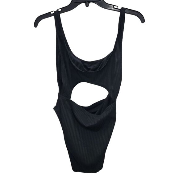 BCBGeneration Women's Black Ribbed Cut Out Stomach Back One Piece Swimsuit L - Picture 6 of 7